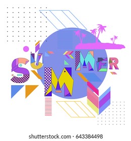 Trendy vector summer cards illustration with memphis style typography and abstract elements. Design for poster, card, invitation, brochure, and promotion template. Fashion art print and background.