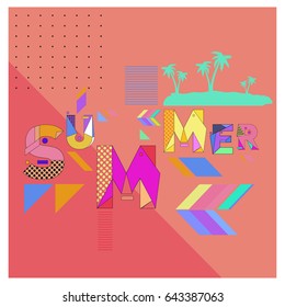 Trendy vector summer cards illustration with memphis style typography and abstract elements. Design for poster, invitation, brochure, and promotion template. Fashion art print and background.