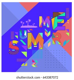 Trendy vector summer cards illustration with memphis style typography and abstract elements. Design for poster, invitation, brochure, and promotion template. Fashion art print and background.