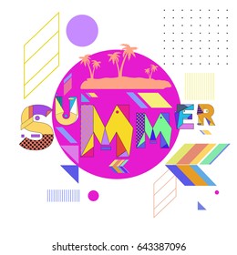 Trendy vector summer cards illustration with memphis style typography and abstract elements. Design for poster, invitation, brochure, and promotion template. Fashion art print and background.