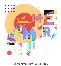 Trendy vector summer cards illustration with memphis style typography and abstract elements. Design for poster, invitation, brochure, and promotion template. Fashion art print and background.