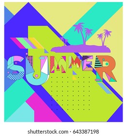 Trendy vector summer cards illustration with memphis style typography and abstract elements. Design for poster, invitation, brochure, and promotion template. Fashion art print and background.