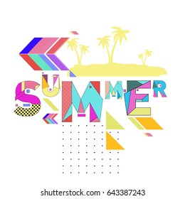 Trendy vector summer cards illustration with memphis style typography and abstract elements. Design for poster, invitation, brochure, and promotion template. Fashion art print and background.