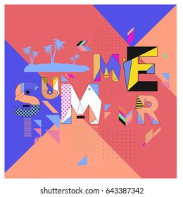 Trendy vector summer cards illustration with memphis style typography and abstract elements. Design for poster, card, invitation, brochure, and promotion template. Fashion art print and background.