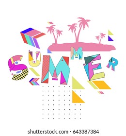 Trendy vector summer cards illustration with memphis style typography and abstract elements. Design for poster, card, invitation, brochure, and promotion template. Fashion art print and background.