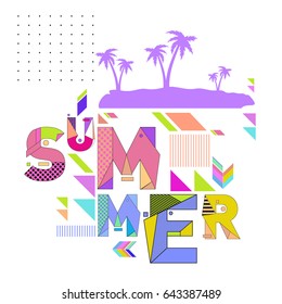 Trendy vector summer cards illustration with memphis style typography and abstract elements. Design for poster, card, invitation, brochure, and promotion template. Fashion art print and background.