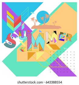 Trendy vector summer cards illustration with memphis style typography and abstract elements. Design for poster, card, invitation, brochure, and promotion template. Fashion art print and background.