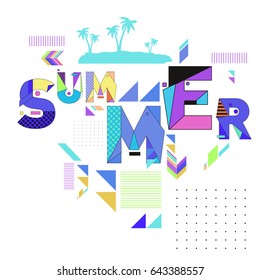 Trendy vector summer cards illustration with memphis style typography and abstract elements. Design for poster, card, invitation, brochure, and promotion template. Fashion art print and background.