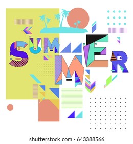 Trendy vector summer cards illustration with memphis style typography and abstract elements. Design for poster, card, invitation, brochure, and promotion template. Fashion art print and background.