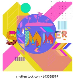 Trendy vector summer cards illustration with memphis style typography and abstract elements. Design for poster, card, invitation, brochure, and promotion template. Fashion art print and background.