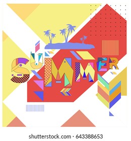 Trendy vector summer cards illustration with memphis style typography and abstract elements. Design for poster, card, invitation, brochure, and promotion template. Fashion art print and background.