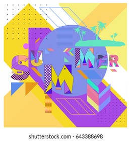 Trendy vector summer cards illustration with memphis style typography and abstract elements. Design for poster, card, invitation, brochure, and promotion template. Fashion art print and background.