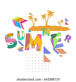 Trendy vector summer cards illustration with memphis style typography and abstract elements. Design for poster, card, invitation, brochure, and promotion template. Fashion art print and background.