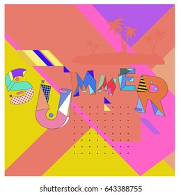 Trendy vector summer cards illustration with memphis style typography and abstract elements. Design for poster, card, invitation, brochure, and promotion template. Fashion art print and background.