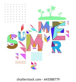 Trendy vector summer cards illustration with memphis style typography and abstract elements. Design for poster, card, invitation, brochure, and promotion template. Fashion art print and background.