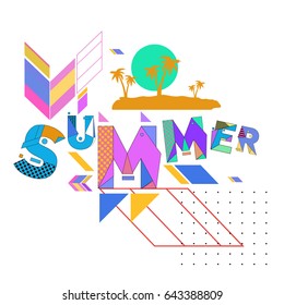 Trendy vector summer cards illustration with memphis style typography and abstract elements. Design for poster, card, invitation, brochure, and promotion template. Fashion art print and background.