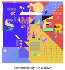 Trendy vector summer cards illustration with memphis style typography and abstract elements. Design for poster, card, invitation, brochure, and promotion template. Fashion art print and background.
