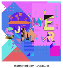 Trendy vector summer cards illustration with memphis style typography and abstract elements. Design for poster, card, invitation, brochure, and promotion template. Fashion art print and background.