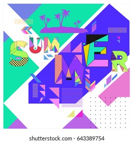 Trendy vector summer cards illustration with memphis style typography and abstract elements. Design for poster, card, invitation, brochure, and promotion template. Fashion art print and background.