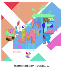 Trendy vector summer cards illustration with memphis style typography and abstract elements. Design for poster, card, invitation, brochure, and promotion template. Fashion art print and background.