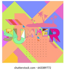 Trendy vector summer cards illustration with memphis style typography and abstract elements. Design for poster, card, invitation, brochure, and promotion template. Fashion art print and background.