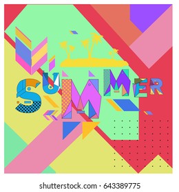 Trendy vector summer cards illustration with memphis style typography and abstract elements. Design for poster, card, invitation, brochure, and promotion template. Fashion art print and background.