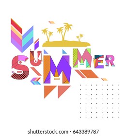 Trendy vector summer cards illustration with memphis style typography and abstract elements. Design for poster, card, invitation, brochure, and promotion template. Fashion art print and background.