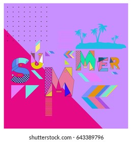 Trendy vector summer cards illustration with memphis style typography and abstract elements. Design for poster, card, invitation, brochure, and promotion template. Fashion art print and background.