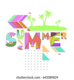 Trendy vector summer cards illustration with memphis style typography and abstract elements. Design for poster, card, invitation, brochure, and promotion template. Fashion art print and background.