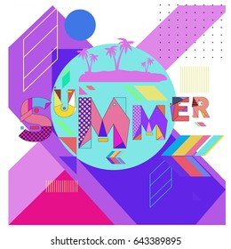 Trendy vector summer cards illustration with memphis style typography and abstract elements. Design for poster, card, invitation, brochure, and promotion template. Fashion art print and background.
