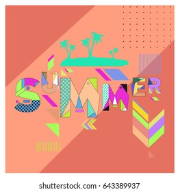 Trendy vector summer cards illustration with memphis style typography and abstract elements. Design for poster, card, invitation, brochure, and promotion template. Fashion art print and background.