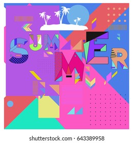 Trendy vector summer cards illustration with memphis style typography and abstract elements. Design for poster, card, invitation, brochure, and promotion template. Fashion art print and background.