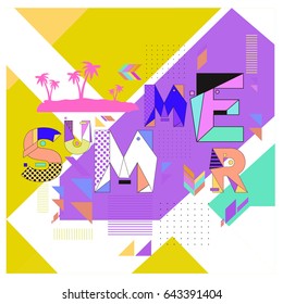Trendy vector summer cards illustration with memphis style typography and abstract elements. Design for poster, card, invitation, brochure, and promotion template. Fashion art print and background.