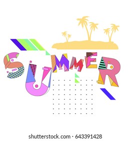 Trendy vector summer cards illustration with memphis style typography and abstract elements. Design for poster, card, invitation, brochure, and promotion template. Fashion art print and background.