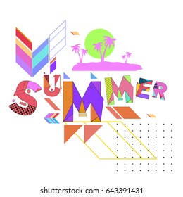 Trendy vector summer cards illustration with memphis style typography and abstract elements. Design for poster, card, invitation, brochure, and promotion template. Fashion art print and background.