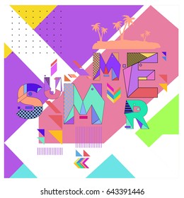 Trendy vector summer cards illustration with memphis style typography and abstract elements. Design for poster, card, invitation, brochure, and promotion template. Fashion art print and background.