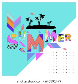 Trendy vector summer cards illustration with memphis style typography and abstract elements. Design for poster, card, invitation, brochure, and promotion template. Fashion art print and background.