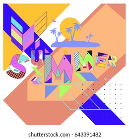 Trendy vector summer cards illustration with memphis style typography and abstract elements. Design for poster, card, invitation, brochure, and promotion template. Fashion art print and background.