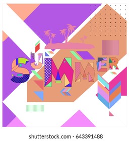 Trendy vector summer cards illustration with memphis style typography and abstract elements. Design for poster, card, invitation, brochure, and promotion template. Fashion art print and background.