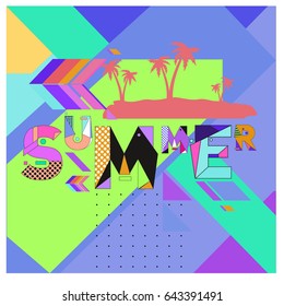 Trendy vector summer cards illustration with memphis style typography and abstract elements. Design for poster, card, invitation, brochure, and promotion template. Fashion art print and background.