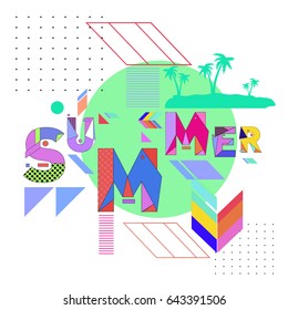 Trendy vector summer cards illustration with memphis style typography and abstract elements. Design for poster, card, invitation, brochure, and promotion template. Fashion art print and background.