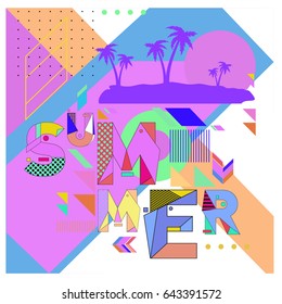 Trendy vector summer cards illustration with memphis style typography and abstract elements. Design for poster, card, invitation, brochure, and promotion template. Fashion art print and background.