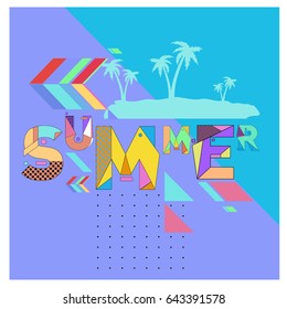 Trendy vector summer cards illustration with memphis style typography and abstract elements. Design for poster, card, invitation, brochure, and promotion template. Fashion art print and background.