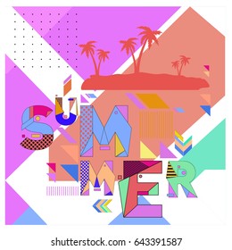 Trendy vector summer cards illustration with memphis style typography and abstract elements. Design for poster, card, invitation, brochure, and promotion template. Fashion art print and background.