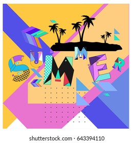 Trendy vector summer cards illustration with memphis style typography and abstract elements. Design for poster, card, invitation, brochure, and promotion template. Fashion art print and background.