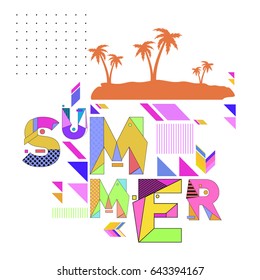 Trendy vector summer cards illustration with memphis style typography and abstract elements. Design for poster, card, invitation, brochure, and promotion template. Fashion art print and background.
