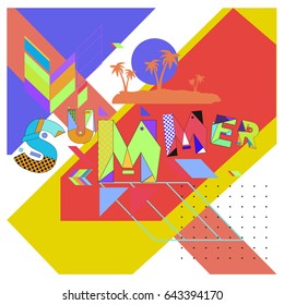 Trendy vector summer cards illustration with memphis style typography and abstract elements. Design for poster, card, invitation, brochure, and promotion template. Fashion art print and background.