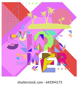 Trendy vector summer cards illustration with memphis style typography and abstract elements. Design for poster, card, invitation, brochure, and promotion template. Fashion art print and background.