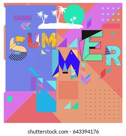 Trendy vector summer cards illustration with memphis style typography and abstract elements. Design for poster, card, invitation, brochure, and promotion template. Fashion art print and background.