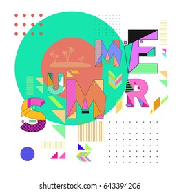 Trendy vector summer cards illustration with memphis style typography and abstract elements. Design for poster, card, invitation, brochure, and promotion template. Fashion art print and background.